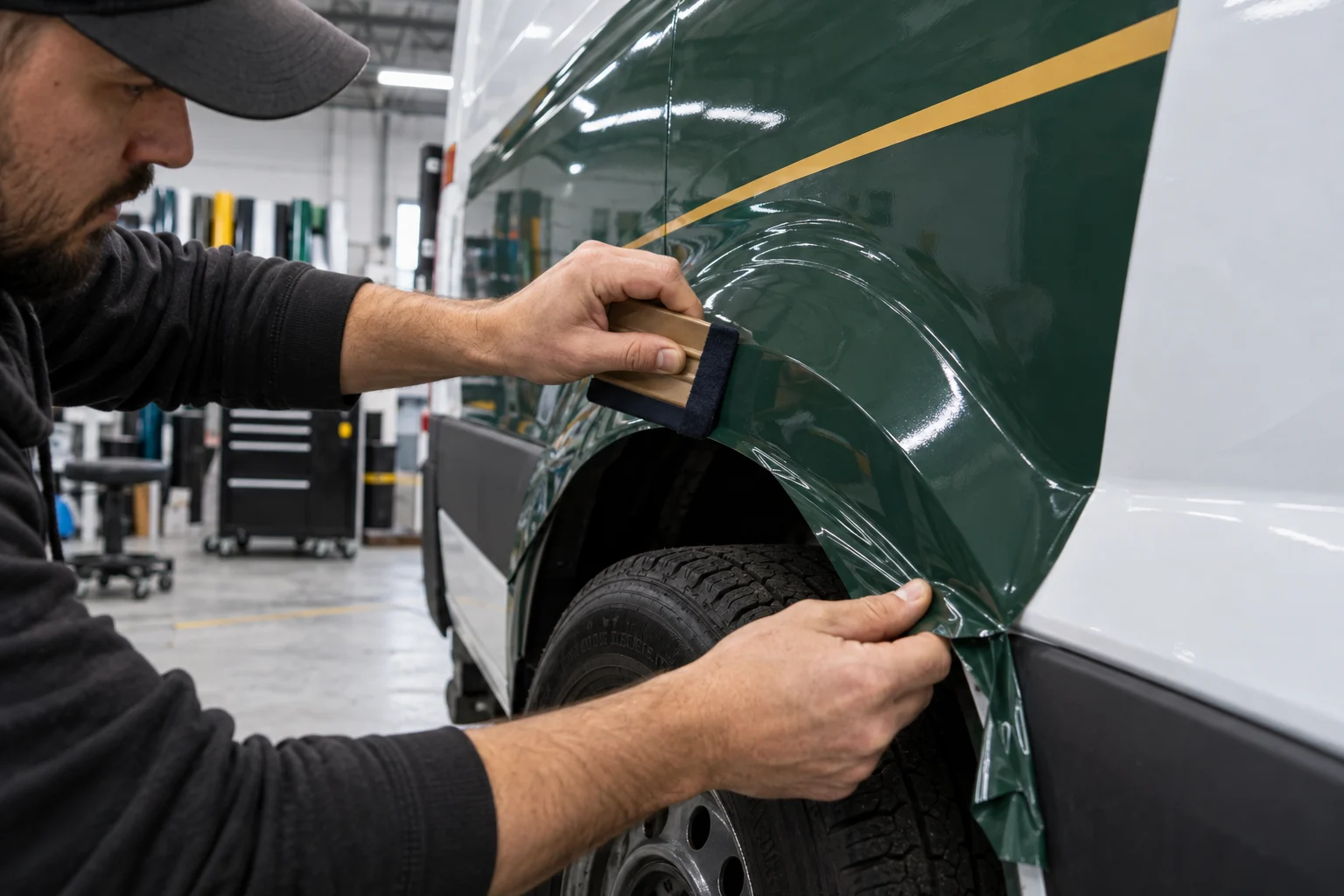 Installer using a squeegee to fit green and gold vinyl around a vehicle wheel arch