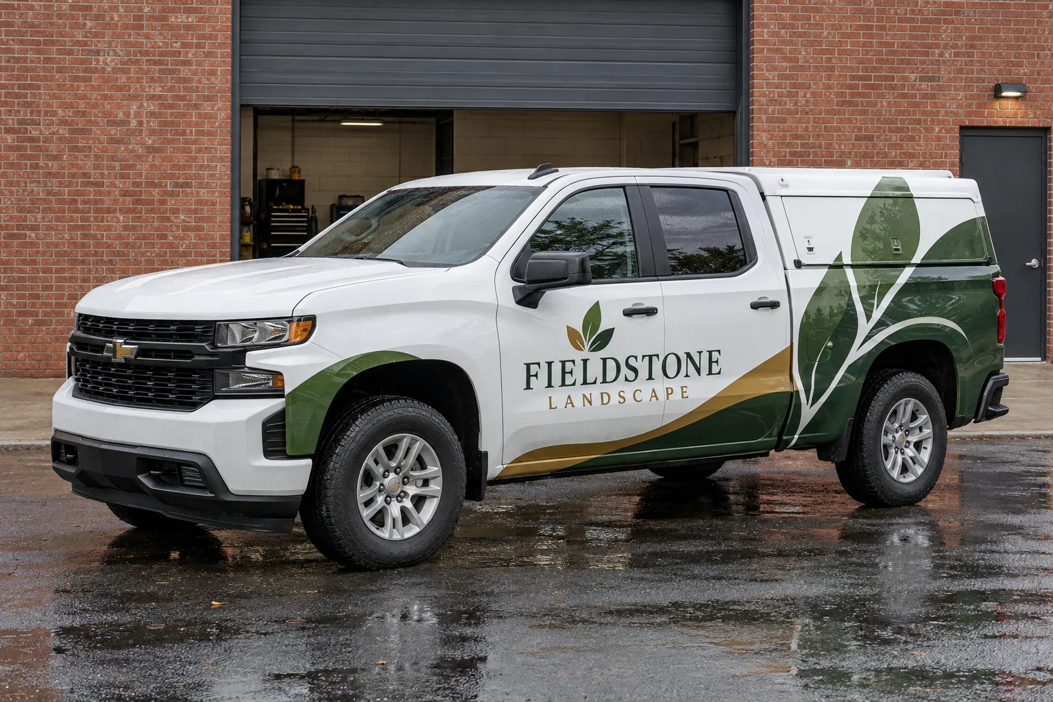 Fieldstone Landscape Chevrolet pickup with green and gold partial-wrap graphics and a matching canopy