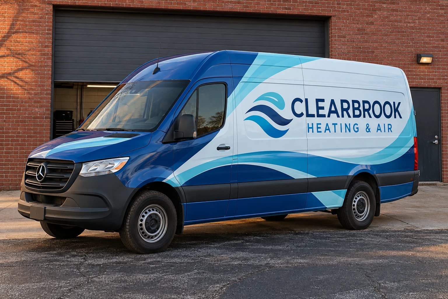 Clearbrook Heating & Air Mercedes-Benz Sprinter with blue and turquoise commercial wrap graphics
