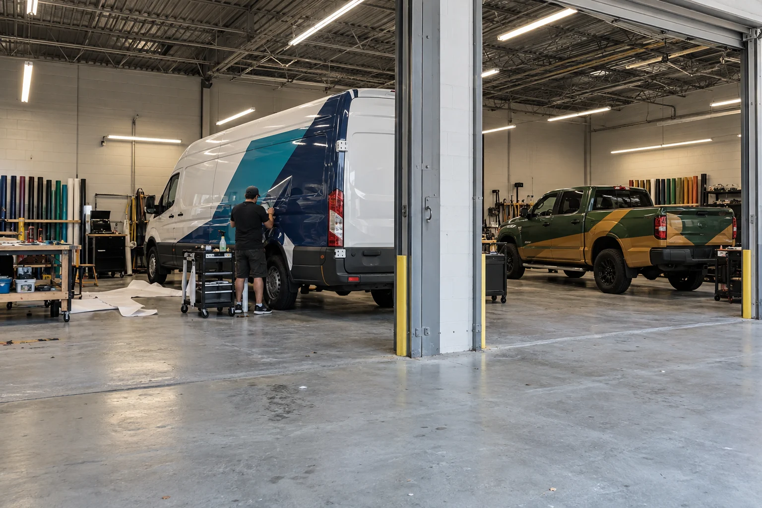 Van wrap installation in a workshop alongside a green and gold wrapped pickup